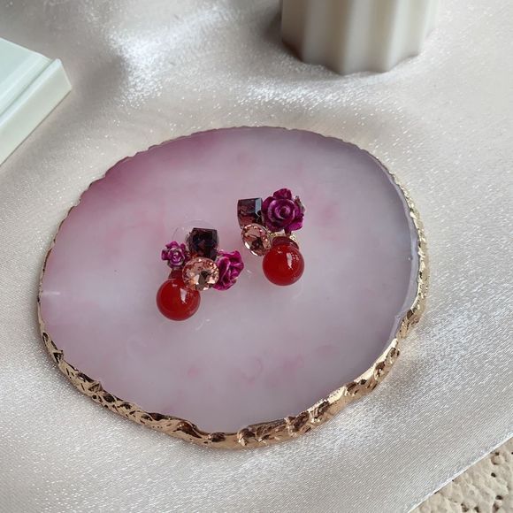 Handmade Burgundy Rose Flower Earring Studs - Picture 5 of 6